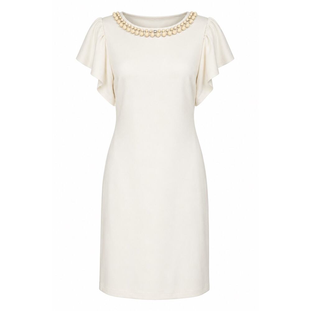 Trina Turk Ivory Embellished Sheath Dress Puff Sleeve Cocktail Size 10
